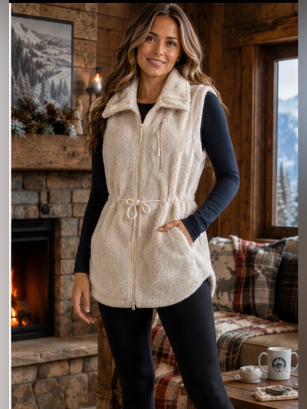 Lou & Grey Cozy Cotton Blend Sherpa Teddy Fleece Zip Vest, Drawstring Waist